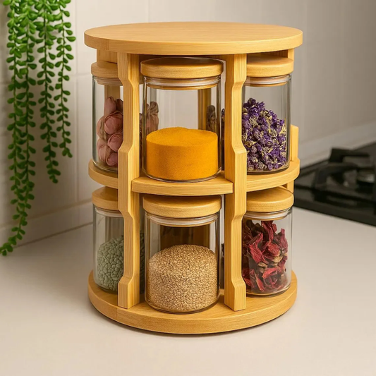 Rotating Wooden Spice Rack with 10 Glass Jars.