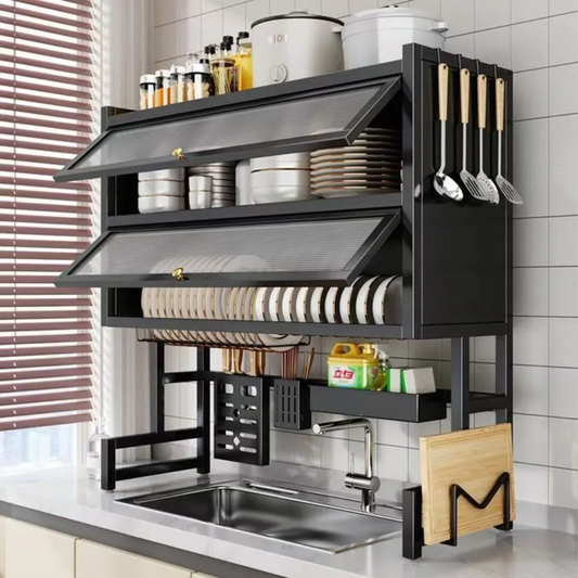 Double Over-the-Sink Storage Rack with Glass Acrylic Cover – Kitchen Organizer Shelf