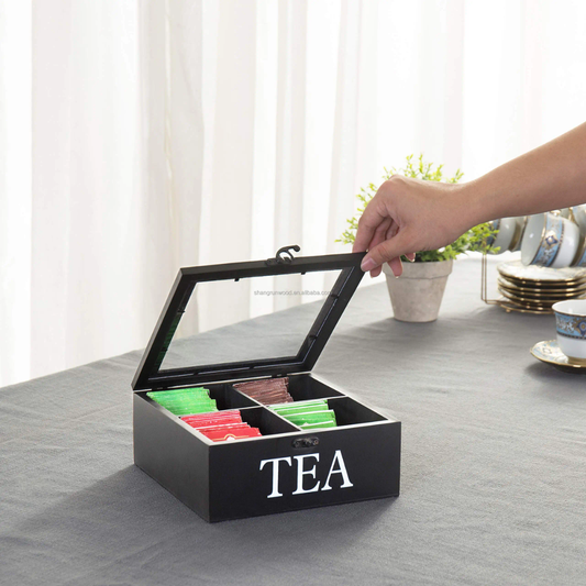 9-Grid Bamboo Tea Bag Organizer with Visible Lid