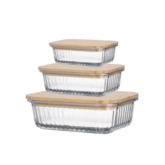 3pcs Ribbed Glass food storage containers with bamboo lids