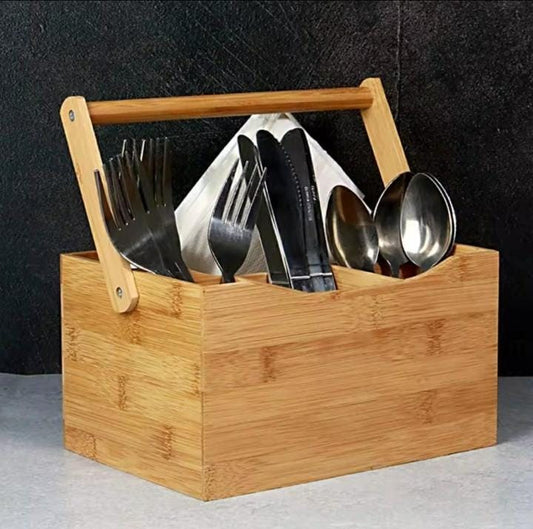Portable countertop/kitchen cutlery organizer with handle.