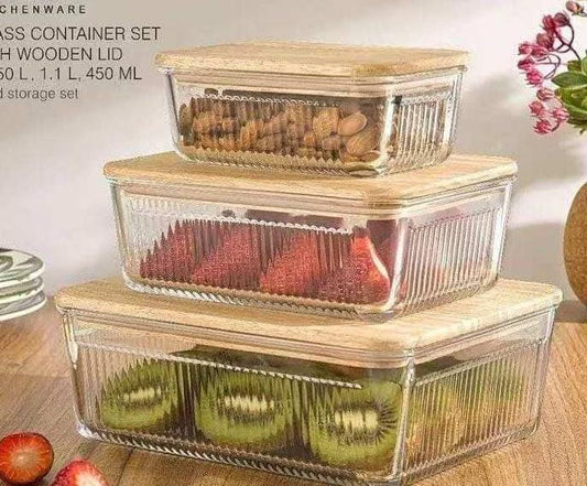 3pcs Ribbed Glass food storage containers with bamboo lids