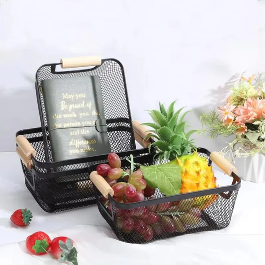 3pcs Extra-Large Mesh Plastic Storage Baskets with bamboo Handles