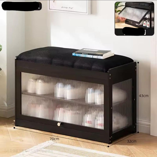 Wooden Stool with Built-In Shoe Cabinet