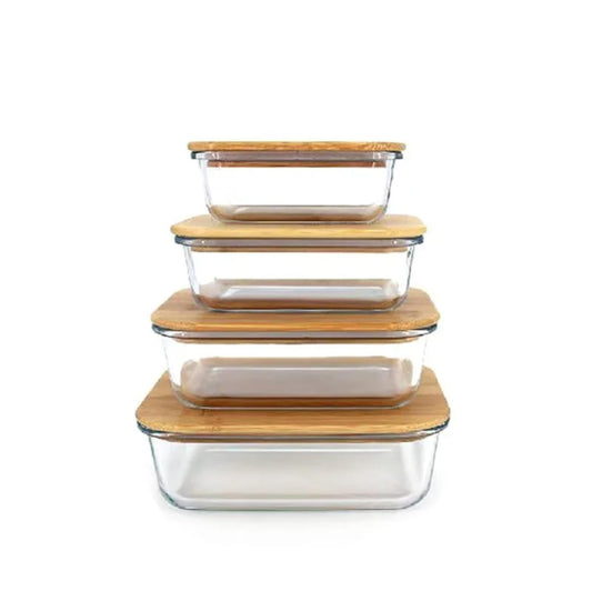 Set of 4 Rectangle Glass Food Storage Containers – Airtight Bamboo Lids,