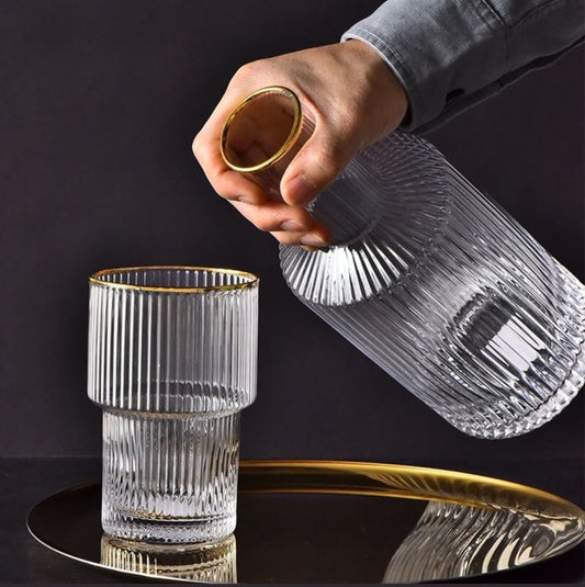 6pcs Ribbed glasses with gold rim and decanter