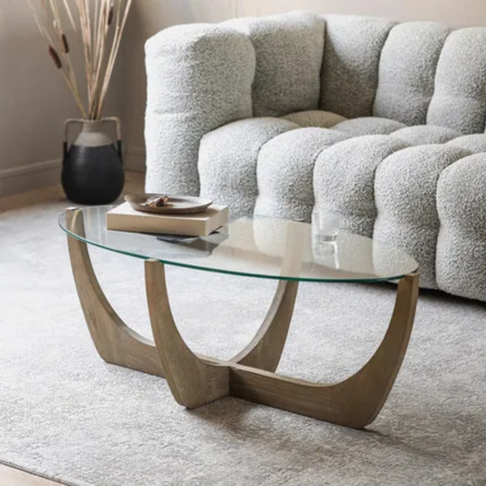 Modern Coffee Table with Wooden Base & Tempered Glass Top