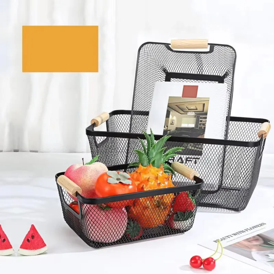 3pcs Extra-Large Mesh Plastic Storage Baskets with bamboo Handles