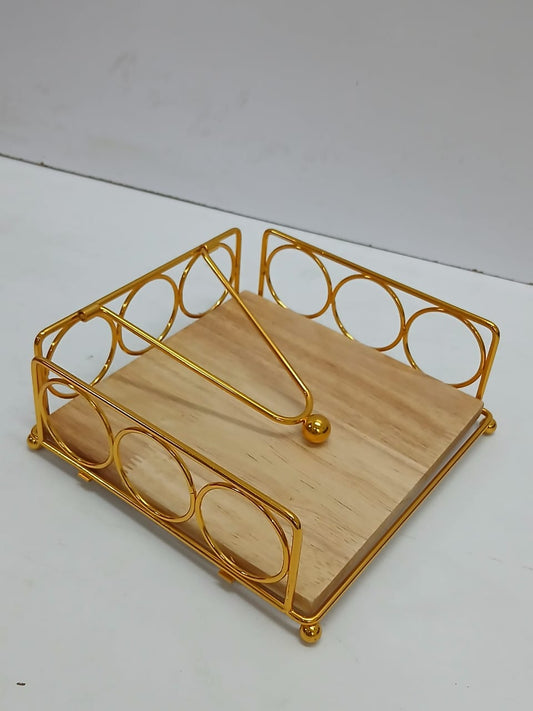 Flat Napkin Holder with Wooden Base – Gold & Black Metallic