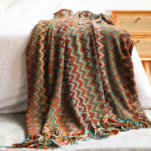Boho Knit Throw Blankets Chenille Jacquard Soft With Tassel