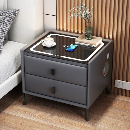 Modern Nightstand with LED, USB & 2 Drawers