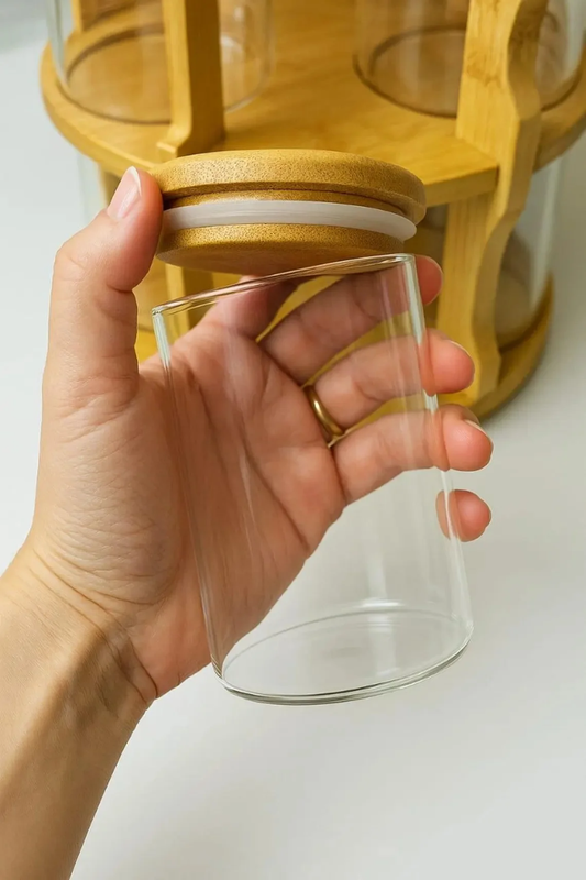 Rotating Wooden Spice Rack with 10 Glass Jars.