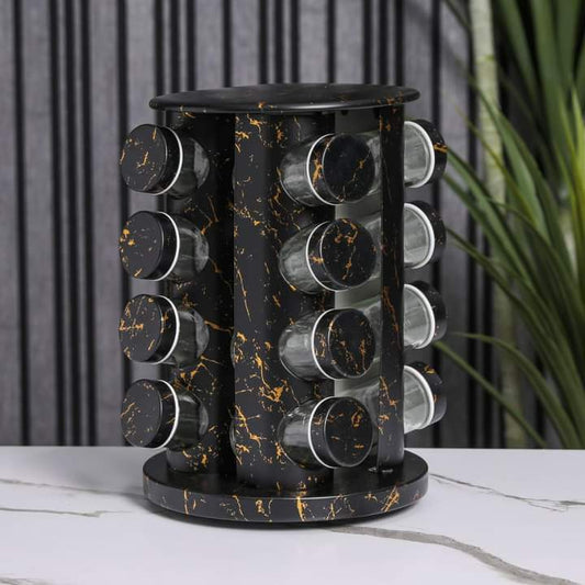 Black Marble Spice Jars  With A Rotating Stand