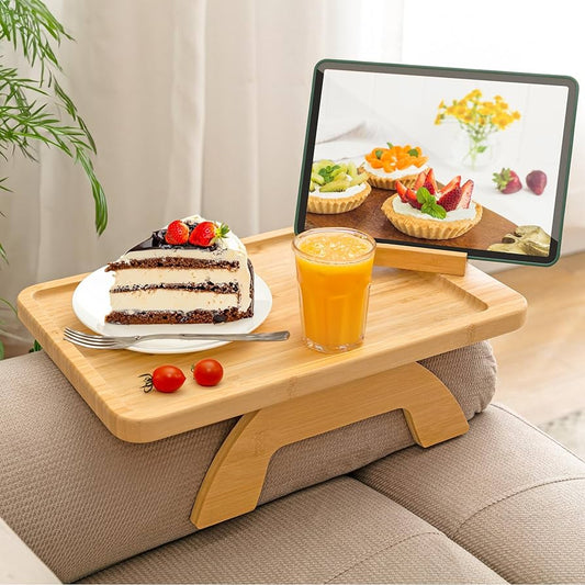 Foldable Wooden Sofa Armrest Tray – Clip-On Couch Table for Drinks, Snacks & Remotes