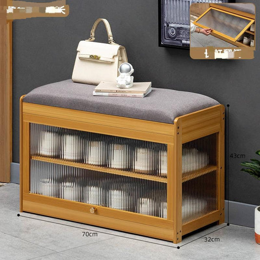 Wooden Stool with Built-In Shoe Cabinet