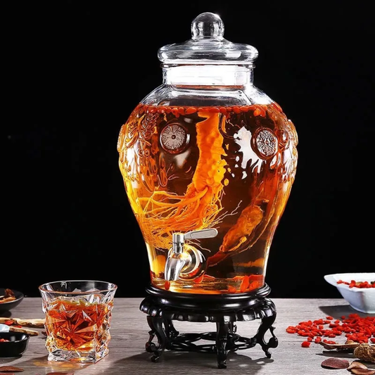 Glass Beverage Dispenser with Faucet – 5L Drink Dispenser with PVC Stand and Glass Lid for Juice, Water, Cocktails & Parties