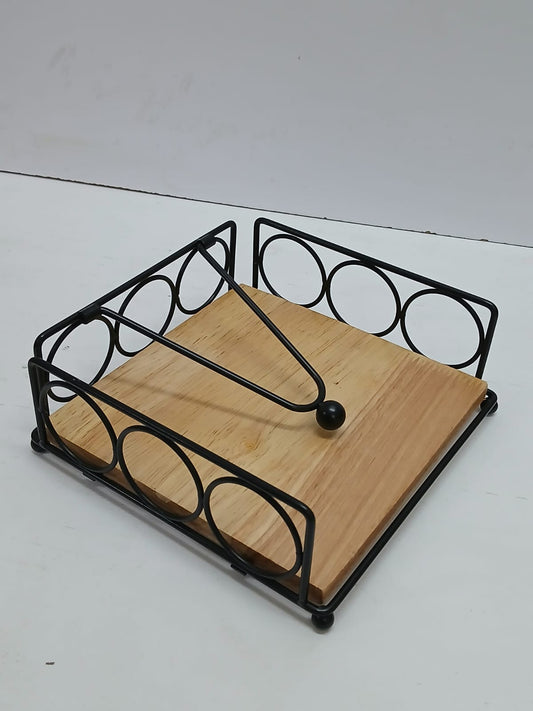 Flat Napkin Holder with Wooden Base – Gold & Black Metallic
