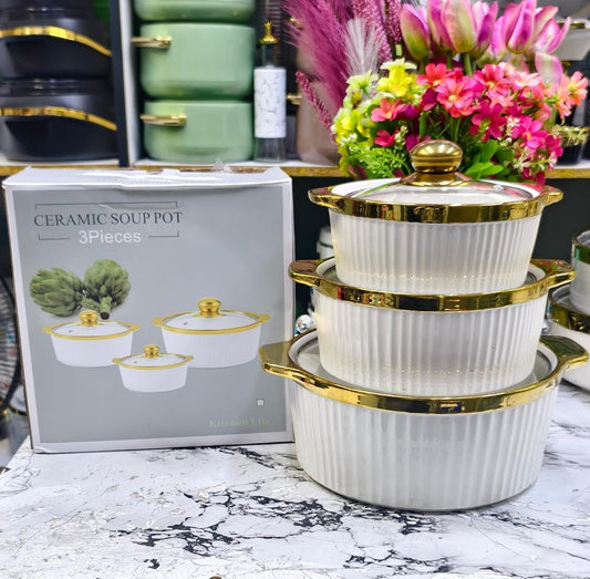 3-Piece Gold-Rimmed Ceramic Serving Bowl Set | Elegant, Durable & Microwave Safe Tableware
