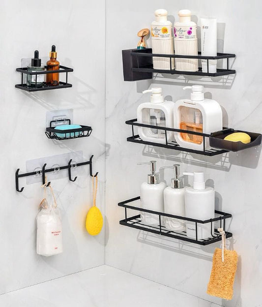 8pcs Bathroom Organizer Set – Matte Black Rust-Proof Shower Caddy with Storage Racks, Soap Holders, Razor Holder & Hooks – No Drill Wall Mounted Bathroom Storage