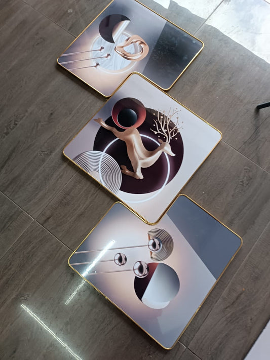 3 Piece 3D Abstract Art 78 Crystal porcelain painting Aluminum Alloy Frame.
