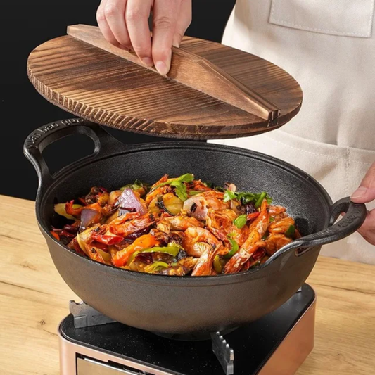 Pre-seasoned Pure Cast Iron Flat Bottom Wok with Wooden Lid