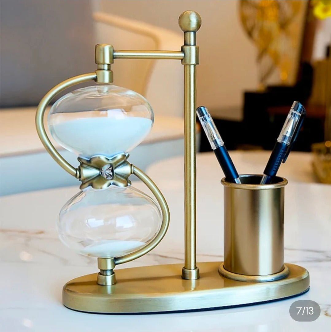 Rotating Hourglass with Brass Pen Holder – 30 - Minute 360° Sand Timer Desk Organizer | - Elegant Households KE