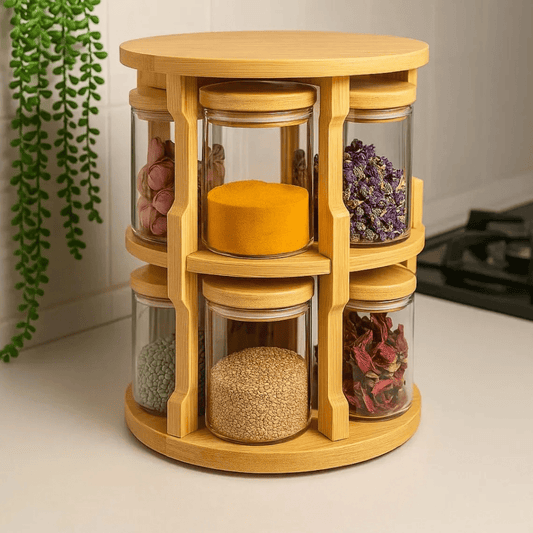 Rotating Wooden Spice Rack with 10 Glass Jars. | - Elegant Households KE