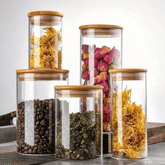 Round Bamboo Lid Glass Jars Set | - Elegant Households KE