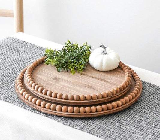 Rustic Wooden Round Beaded Tray | - Elegant Households KE