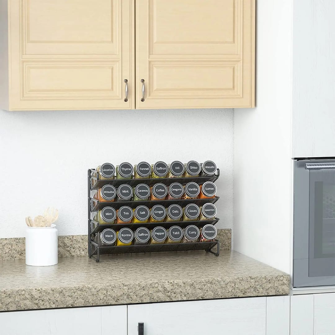Seasoning spice jars with lid and a metallic rack | - Elegant Households KE