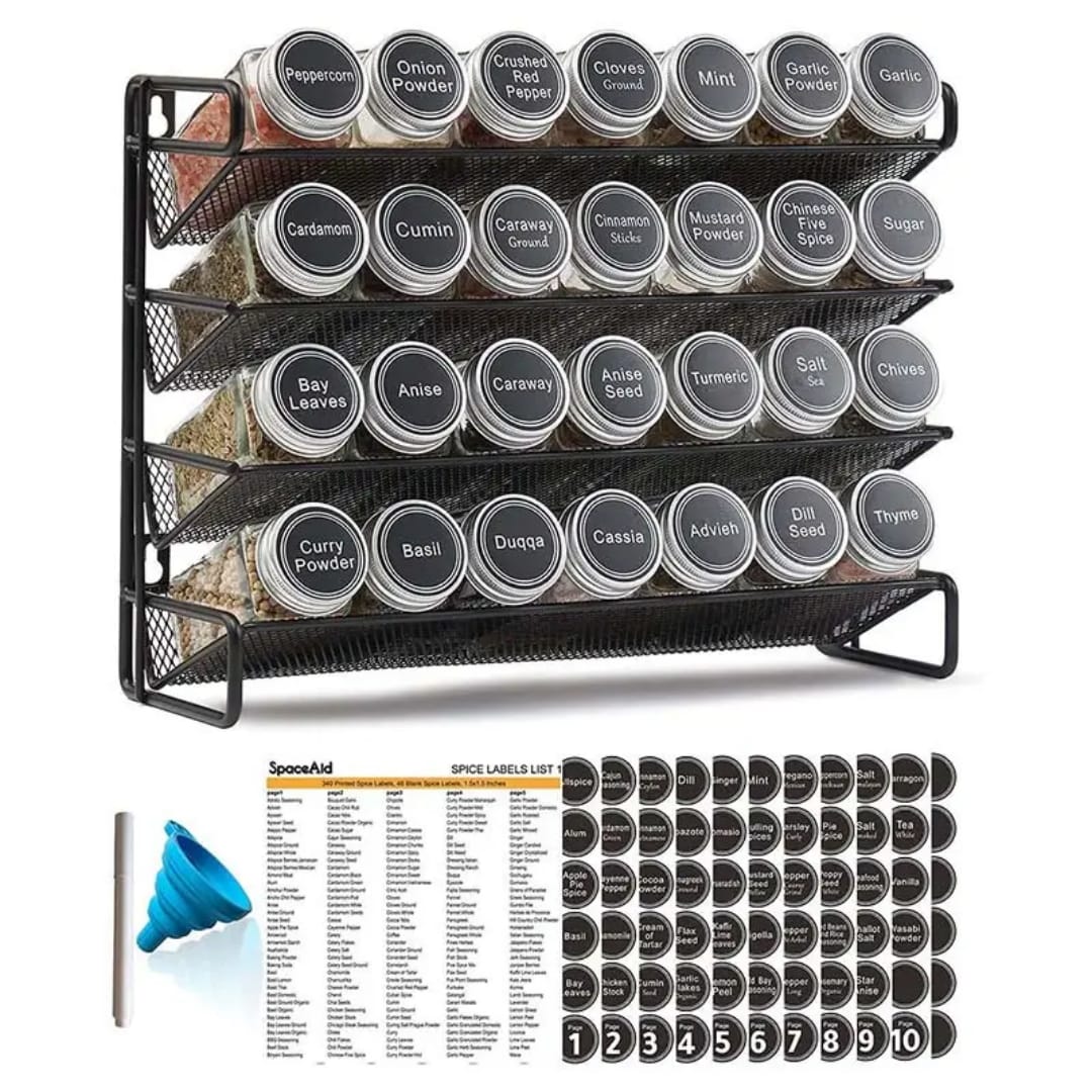 Seasoning spice jars with lid and a metallic rack | - Elegant Households KE