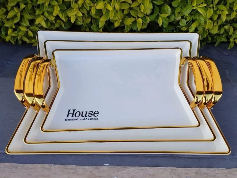 Set of 3 Golden Trays | - Elegant Households KE