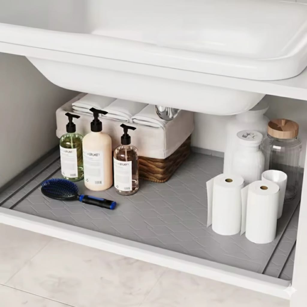 Silicone Waterproof Under Sink Mat – Trimmable Cabinet Shelf Liner 86.4×58.5cm for Kitchen & Bathroom | - Elegant Households KE