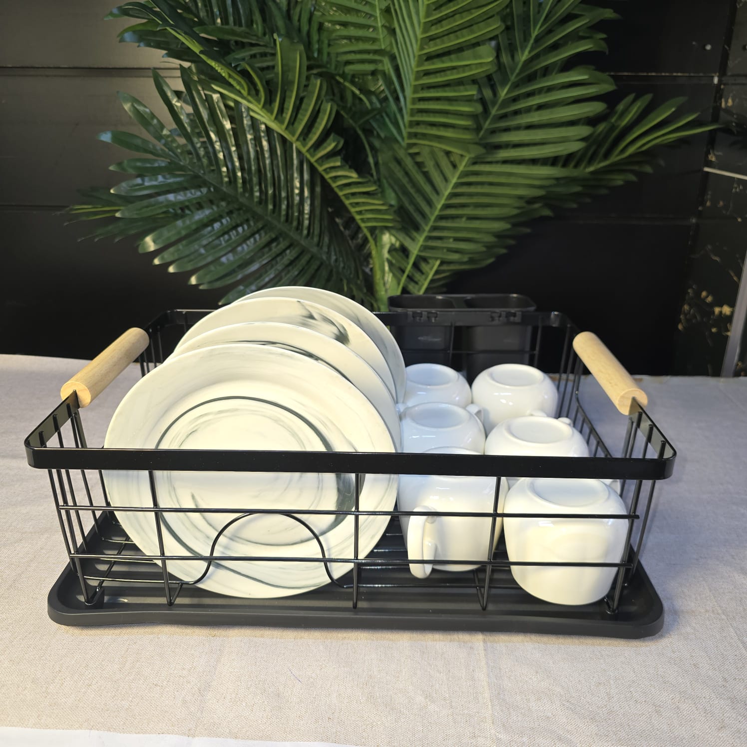 Single Layer Carbon Dishrack with Bamboo Handle | - Elegant Households KE