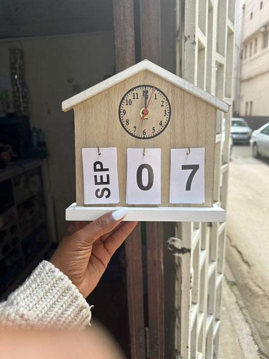 Solid Wood Modern Luxury living room/office desk calendar with clock figurines | - Elegant Households KE