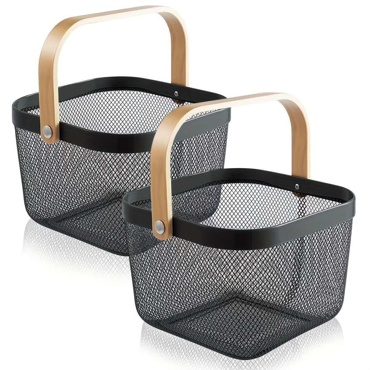 Square Mesh Wire Fruit Basket with Wooden Handle – High - Quality Kitchen Organizer (Black & Cream White) | - Elegant Households KE