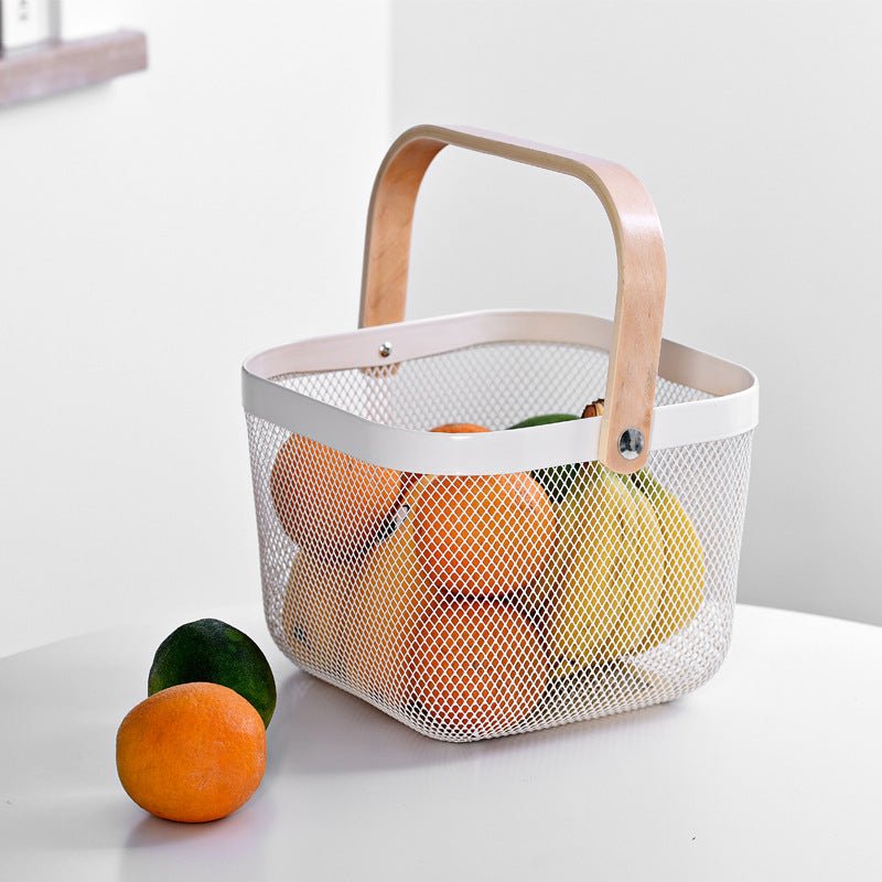 Square Mesh Wire Fruit Basket with Wooden Handle – High - Quality Kitchen Organizer (Black & Cream White) | - Elegant Households KE
