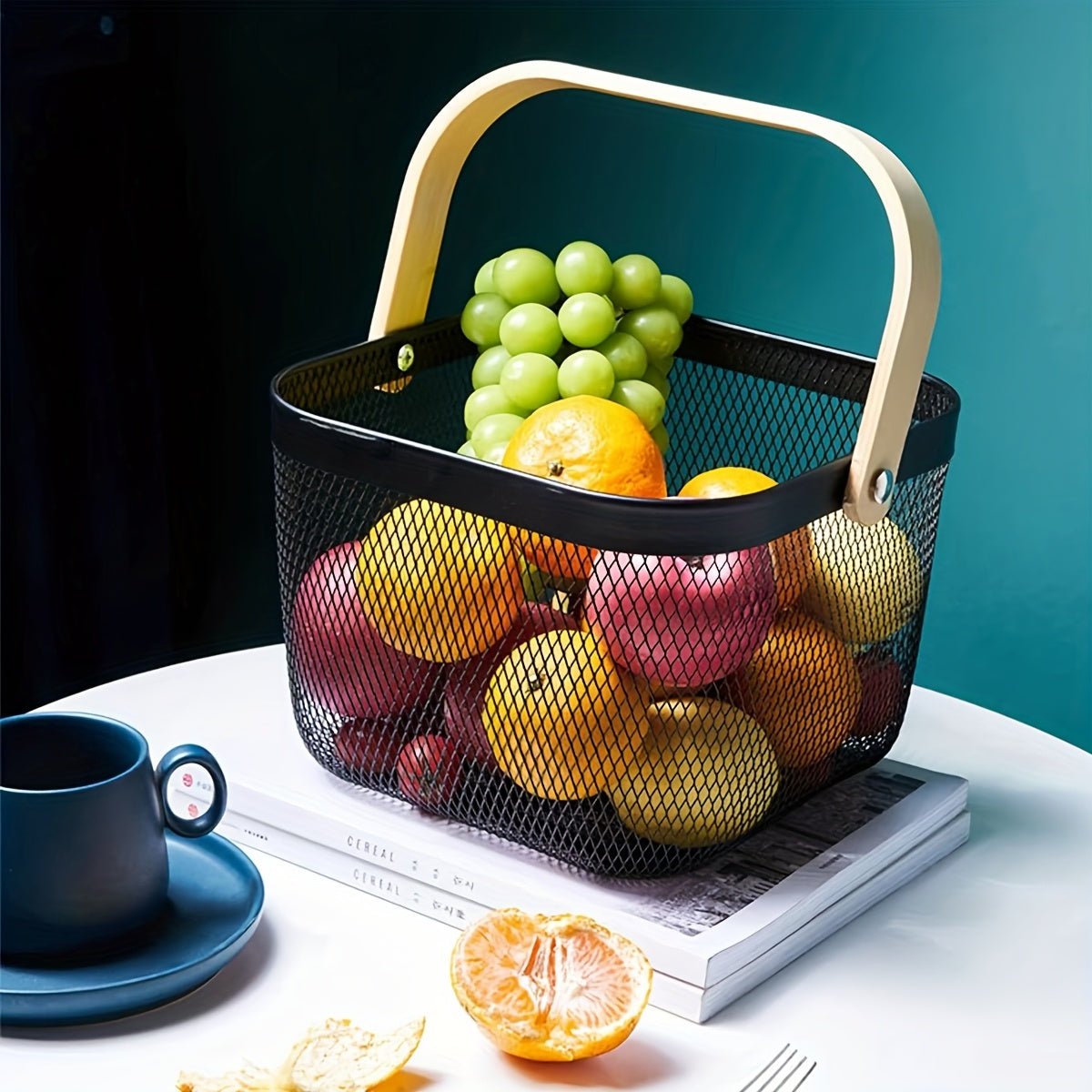 Square Mesh Wire Fruit Basket with Wooden Handle – High - Quality Kitchen Organizer (Black & Cream White) | - Elegant Households KE