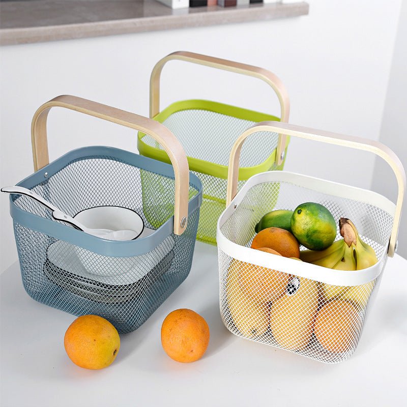 Square Mesh Wire Fruit Basket with Wooden Handle – High - Quality Kitchen Organizer (Black & Cream White) | - Elegant Households KE