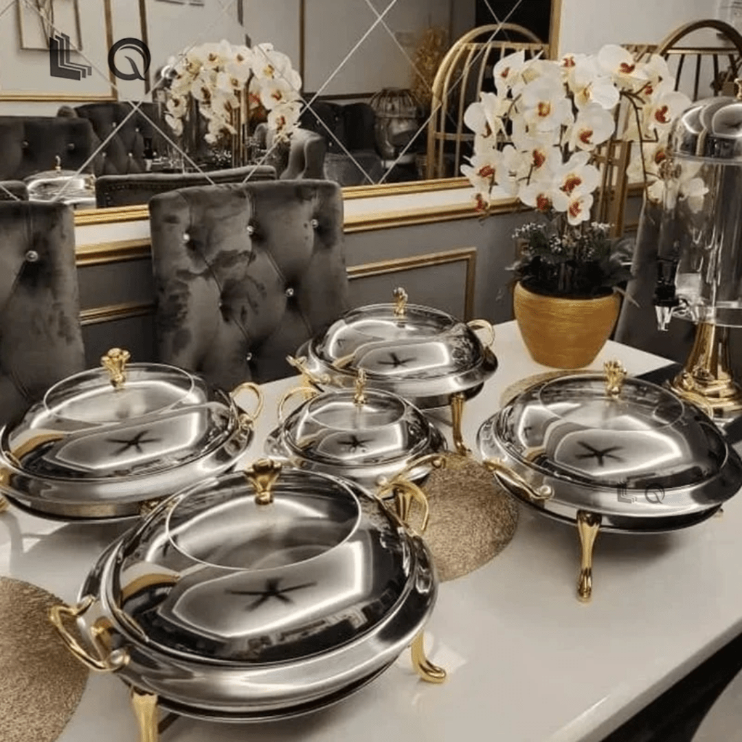 Stainless Steel Chafing Dish – 3L Buffet Server with Glass Lid & Side Handles (28cm, Silver/Silver - Gold) | - Elegant Households KE