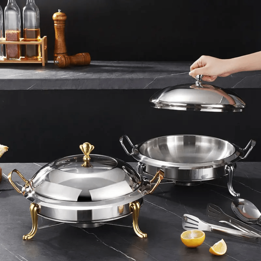 Stainless Steel Chafing Dish – 3L Buffet Server with Glass Lid & Side Handles (28cm, Silver/Silver - Gold) | - Elegant Households KE