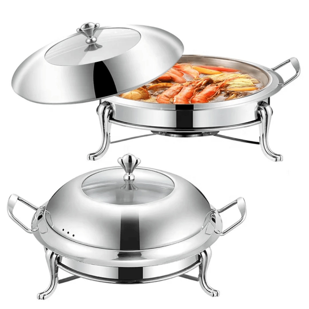 Stainless Steel Chafing Dish – 3L Buffet Server with Glass Lid & Side Handles (28cm, Silver/Silver - Gold) | - Elegant Households KE