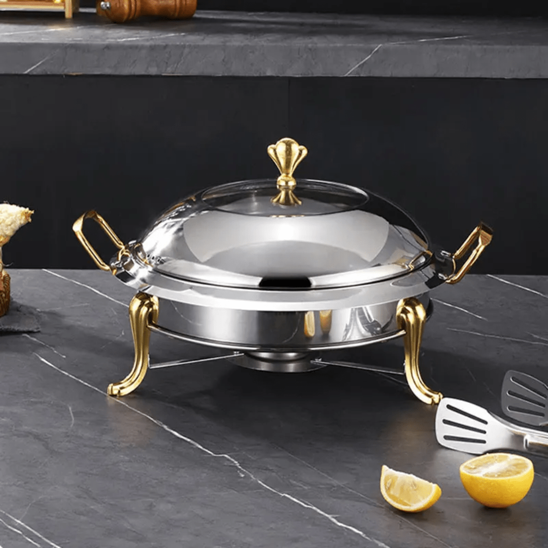 Stainless Steel Chafing Dish – 3L Buffet Server with Glass Lid & Side Handles (28cm, Silver/Silver - Gold) | - Elegant Households KE