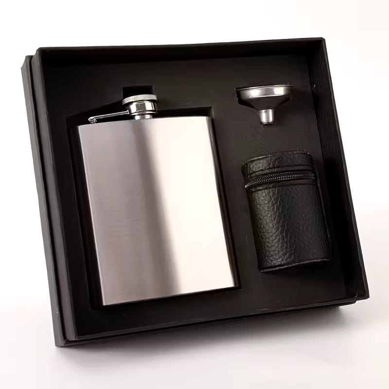Stainless Steel Flask Gift Set with 4 Tumblers and Funnel | - Elegant Households KE