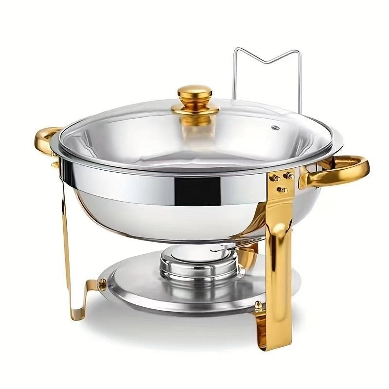 Stainless Steel Round Chafing Dish 5L with Golden Accents – Buffet Server & Food Warmer for Home, Restaurants & Catering Events | - Elegant Households KE