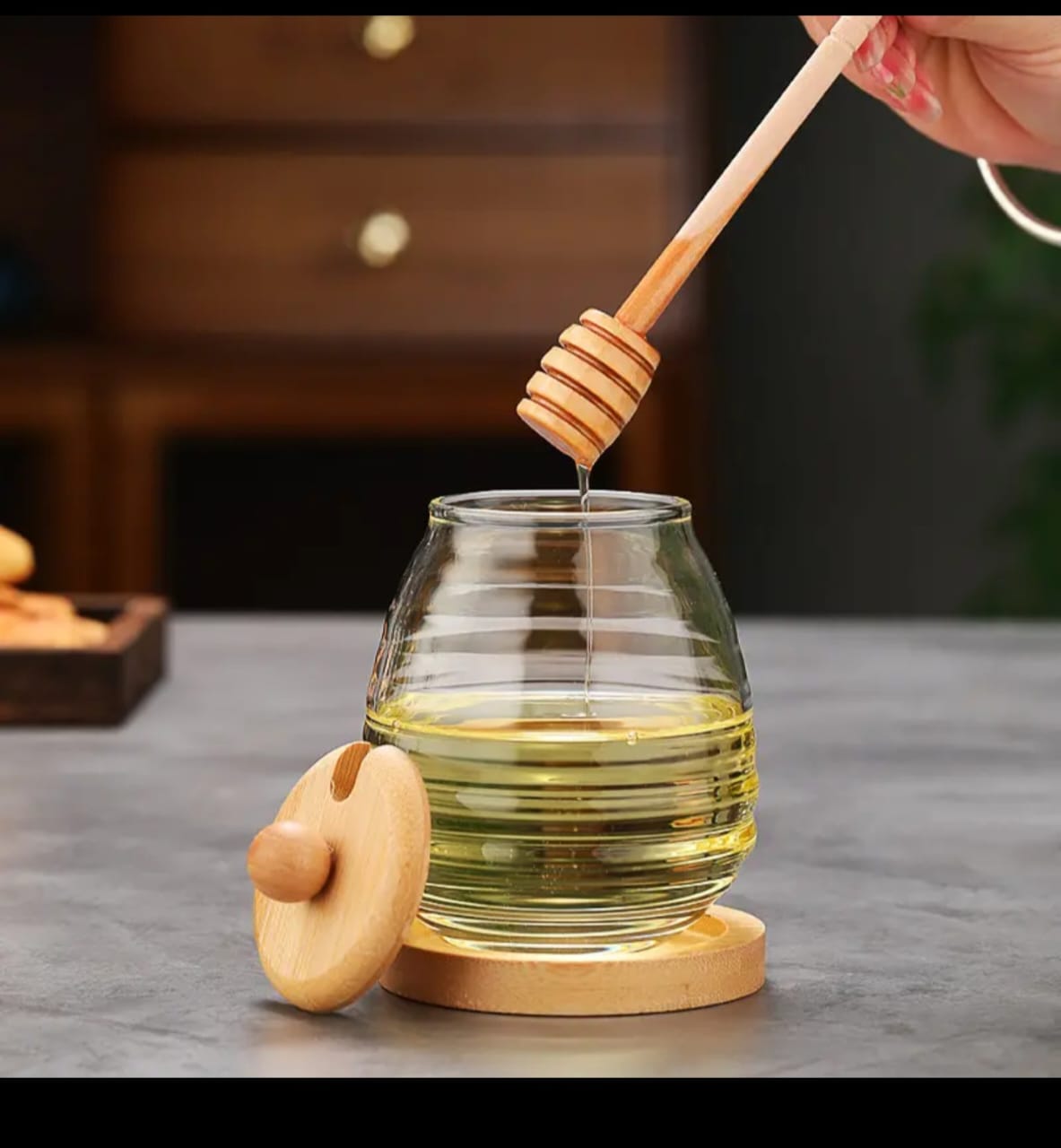 Transparent honey jar with bamboo dipper and lid | - Elegant Households KE