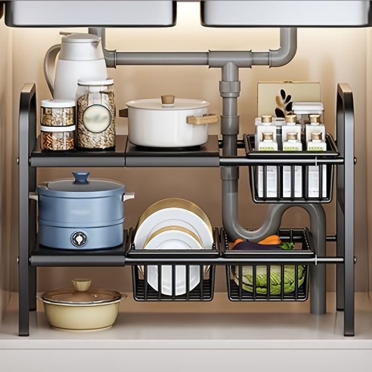 Under the sink adjustable 2 tier rack | - Elegant Households KE