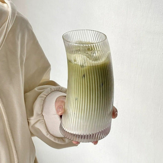 Vertical Striped Crescent - Shaped Glass Set of 6 – 450ml High - Quality Borosilicate Glassware for Juice, Water & Iced Tea | - Elegant Households KE