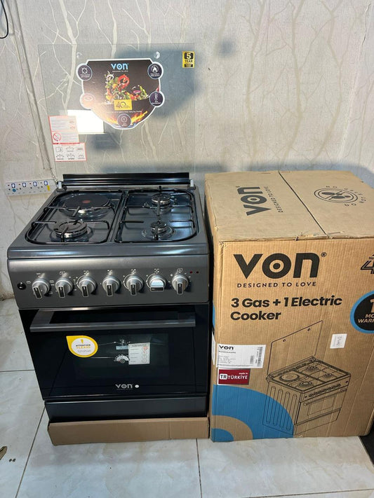 VON Cooker 3 Gas + 1 Electric - *VCF553141FFG*, Graphite Grey | - Elegant Households KE